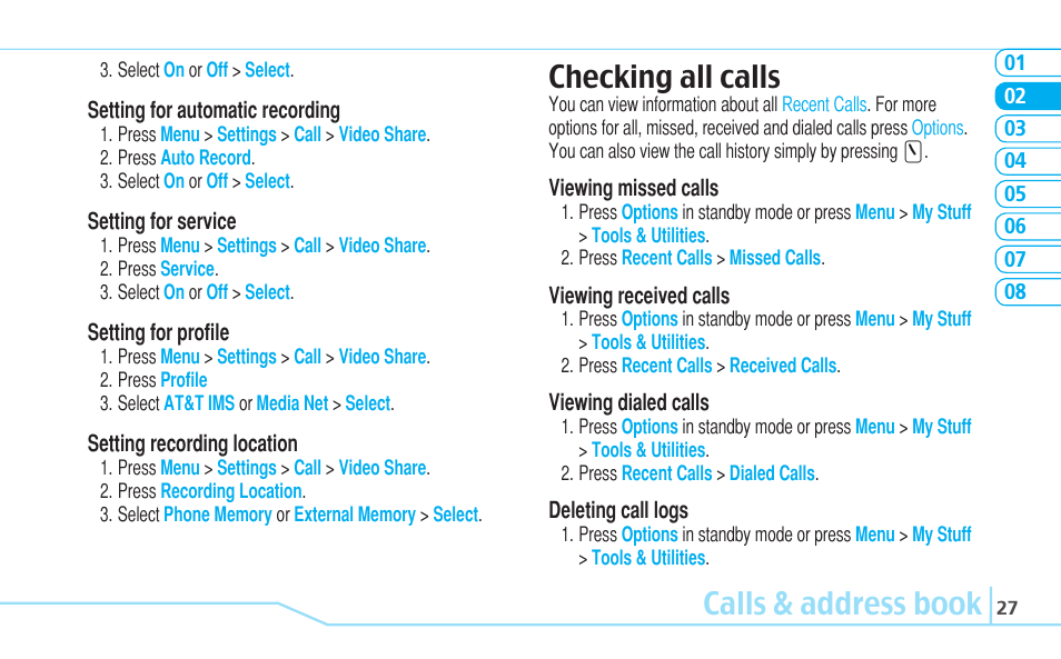 Calls & address book, Checking all calls | Matrix Hairstyles Cell Phone User Manual | Page 27 / 84