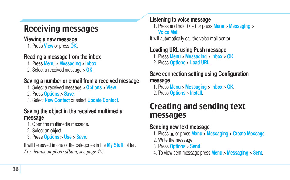 Receiving messages, Creating and sending text messages | Matrix Hairstyles Cell Phone User Manual | Page 36 / 84