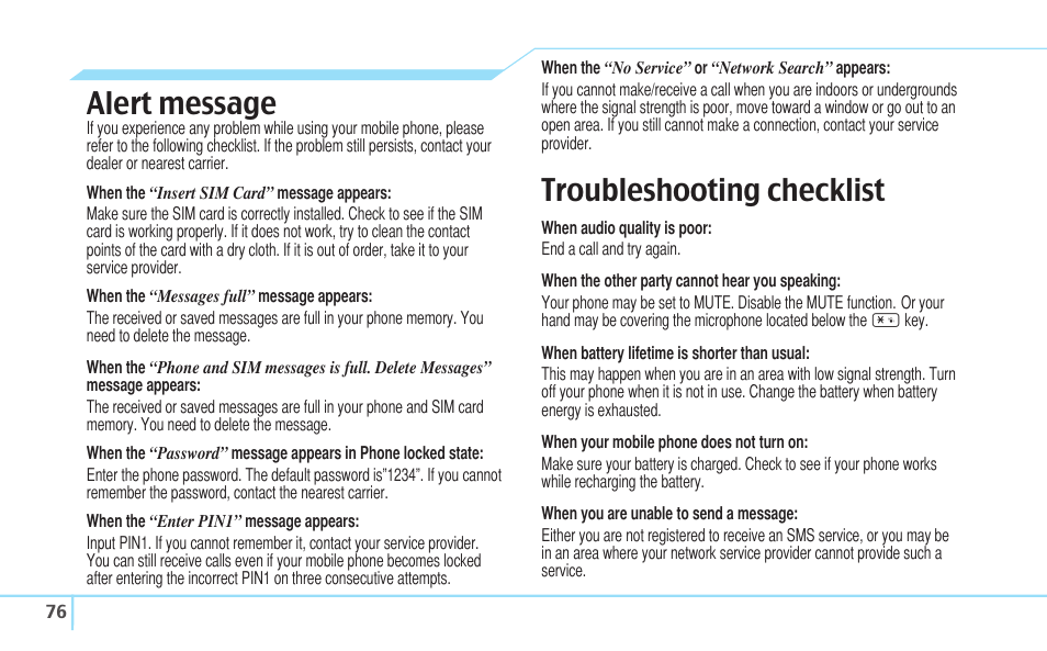 Alert message, Troubleshooting checklist | Matrix Hairstyles Cell Phone User Manual | Page 76 / 84