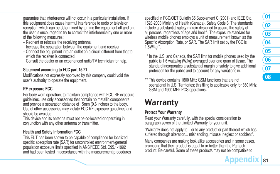 Appendix, Warranty | Matrix Hairstyles Cell Phone User Manual | Page 81 / 84