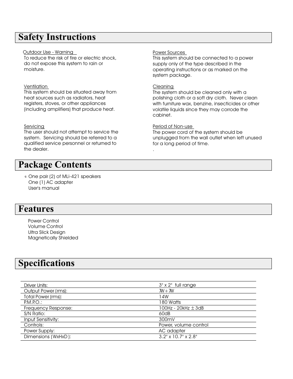 Safety instructions, Package contents, Specifications | Features | MidiLand MLi 421 User Manual | Page 2 / 4