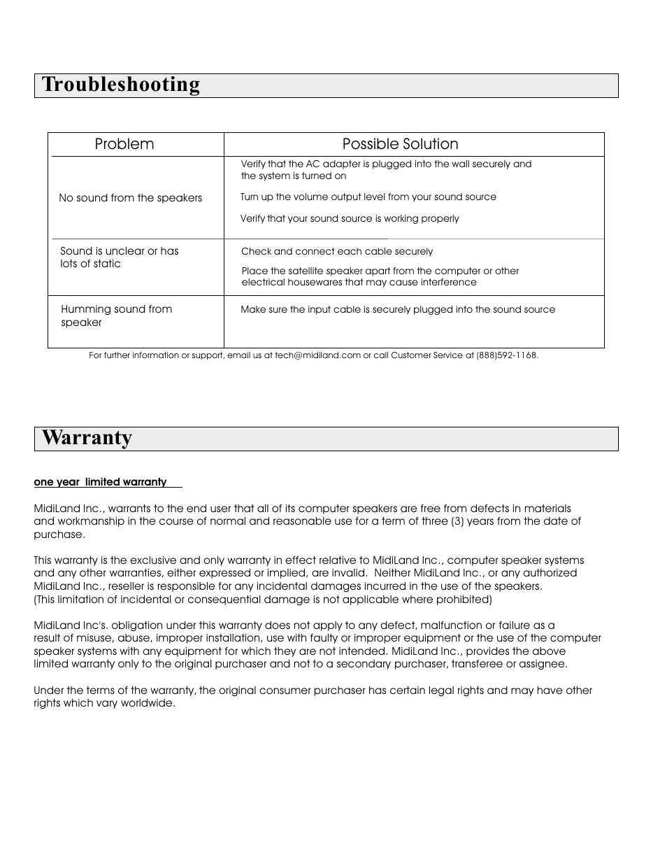 Troubleshooting, Warranty, Problem | Possible solution | MidiLand MLi 421 User Manual | Page 4 / 4