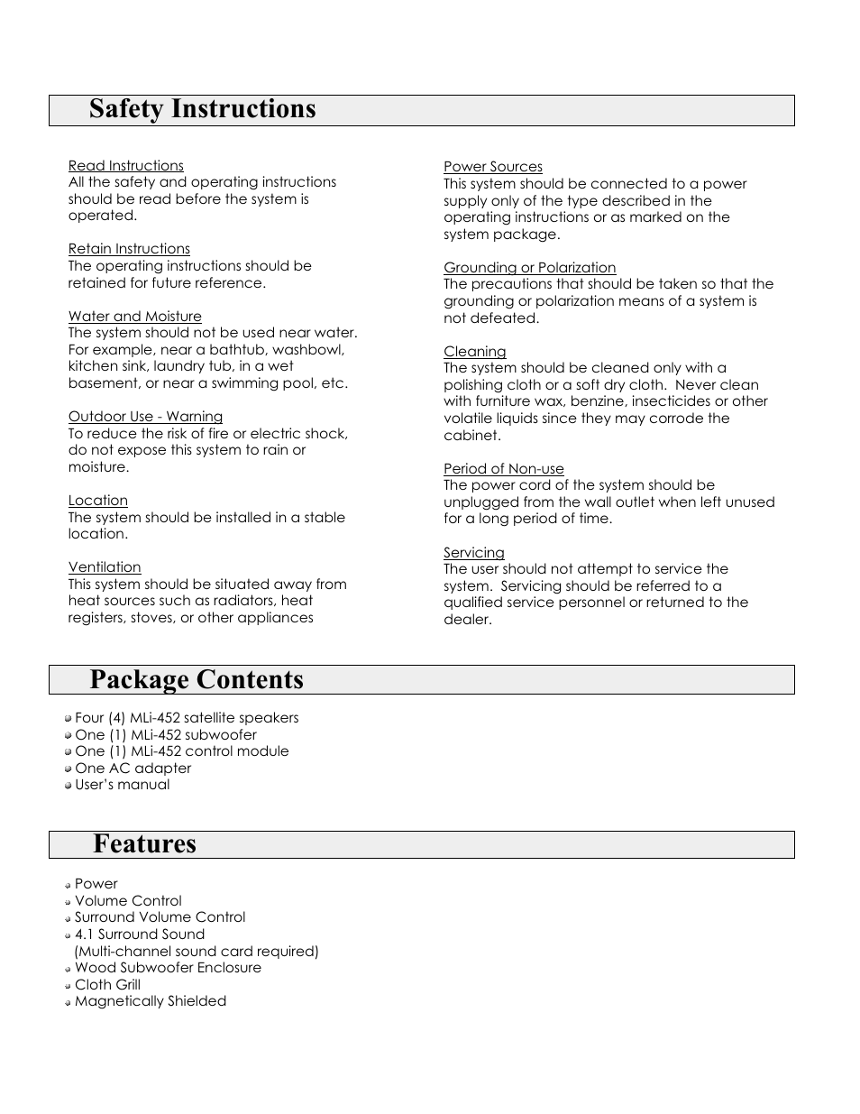 Safety instructions, Package contents, Features | MidiLand MLI-452 User Manual | Page 2 / 5