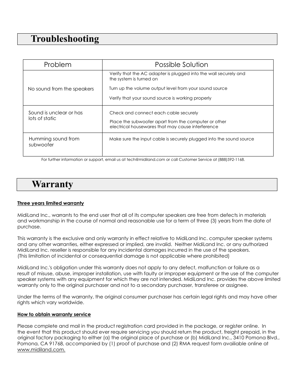 Warranty, Troubleshooting, Problem | Possible solution | MidiLand MLI-452 User Manual | Page 4 / 5