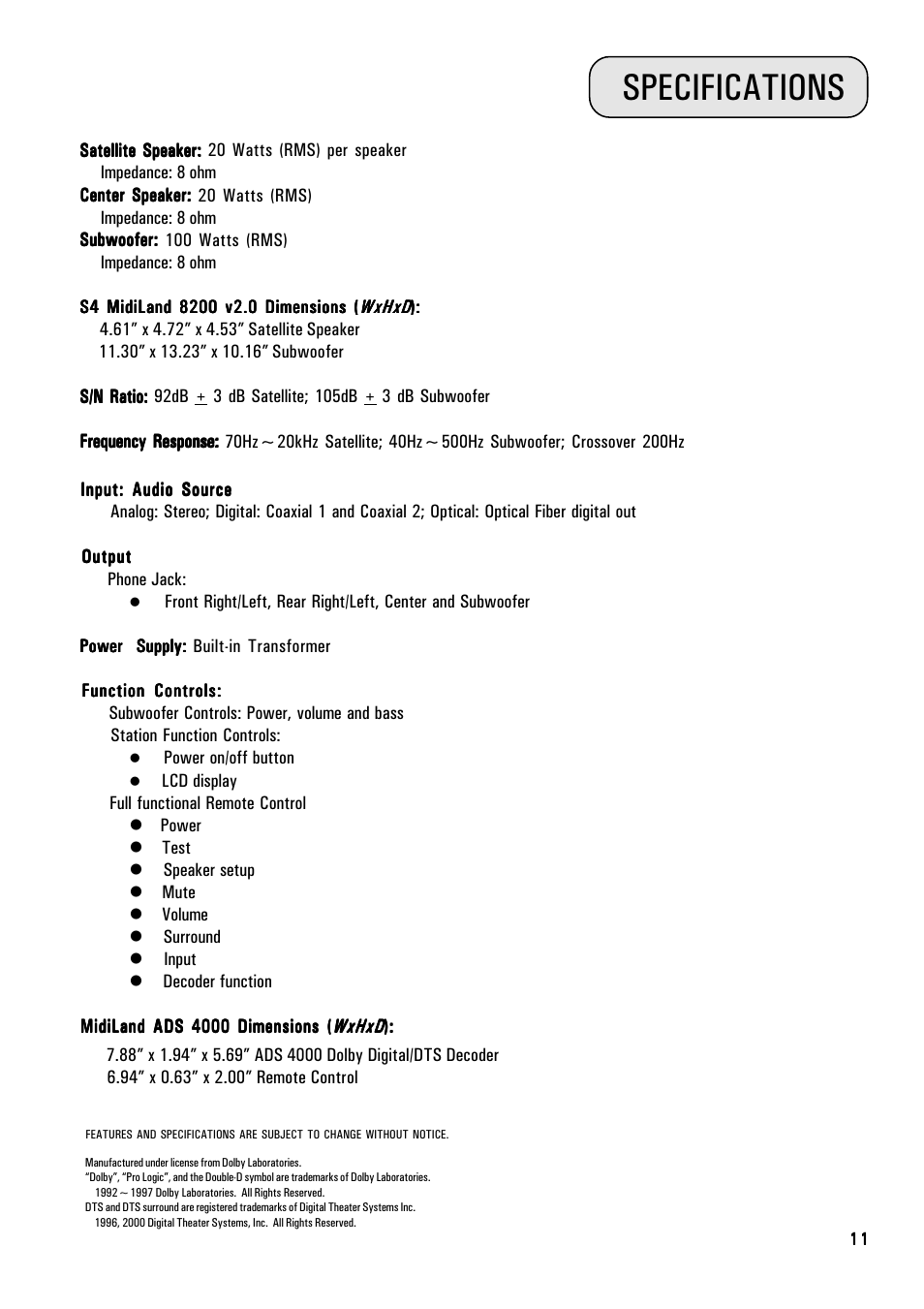 Specifications | MidiLand 8200 User Manual | Page 11 / 11