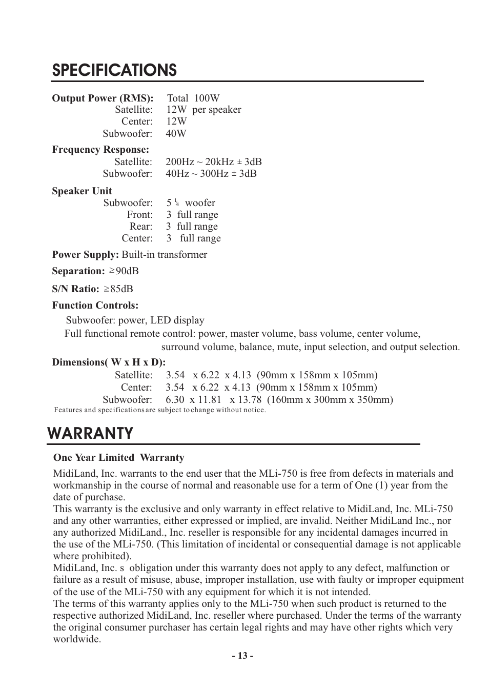 Т³13, Specifications, Warranty | MidiLand MLi 750 User Manual | Page 13 / 13