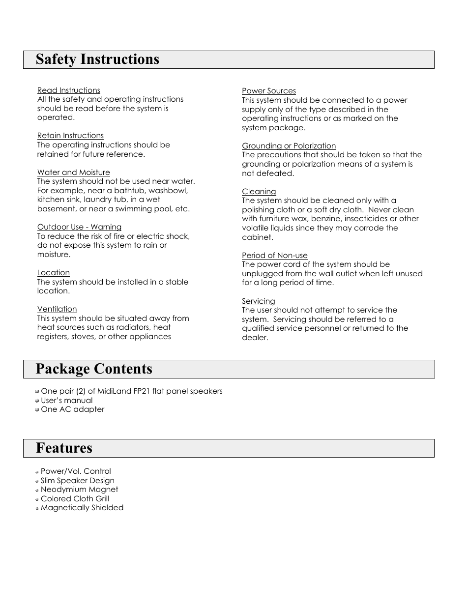 Safety instructions, Package contents, Features | MidiLand FP21 User Manual | Page 2 / 5