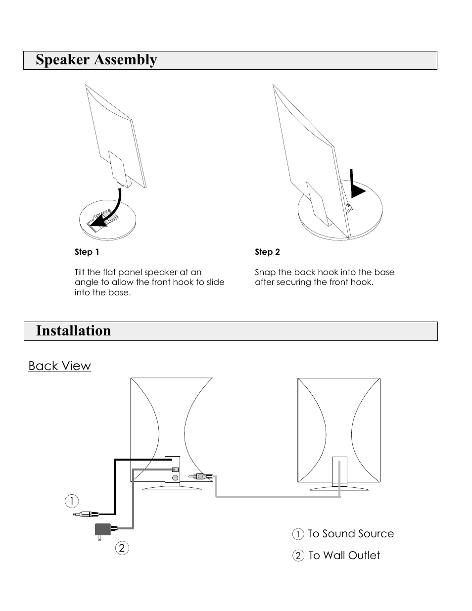 Installation, Speaker assembly, Back view | MidiLand FP21 User Manual | Page 3 / 5