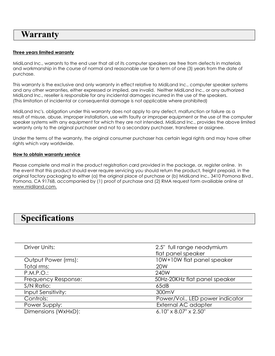 Warranty specifications | MidiLand FP21 User Manual | Page 5 / 5