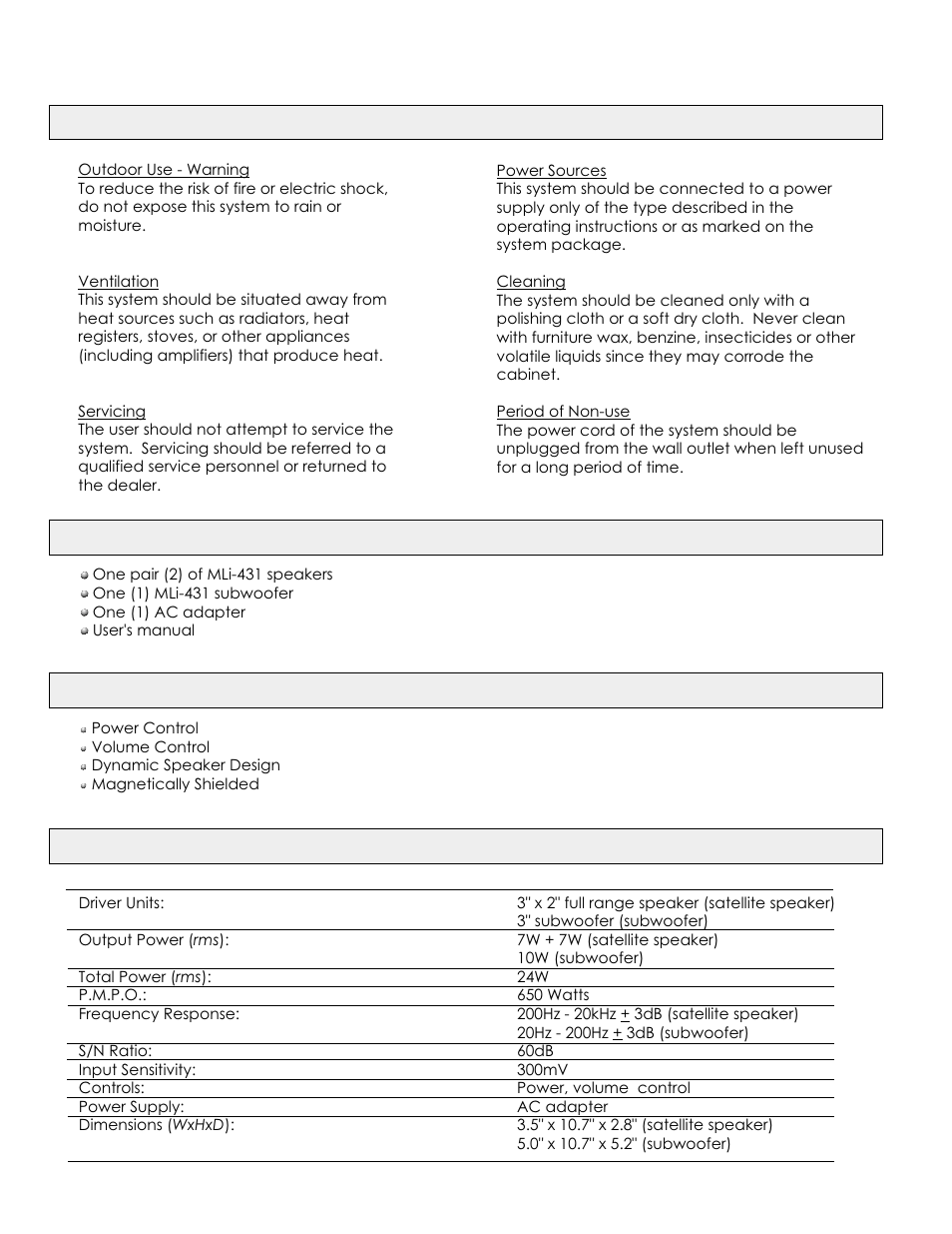 Safety instructions, Package contents, Specifications | Features | MidiLand MLI-431 User Manual | Page 2 / 4