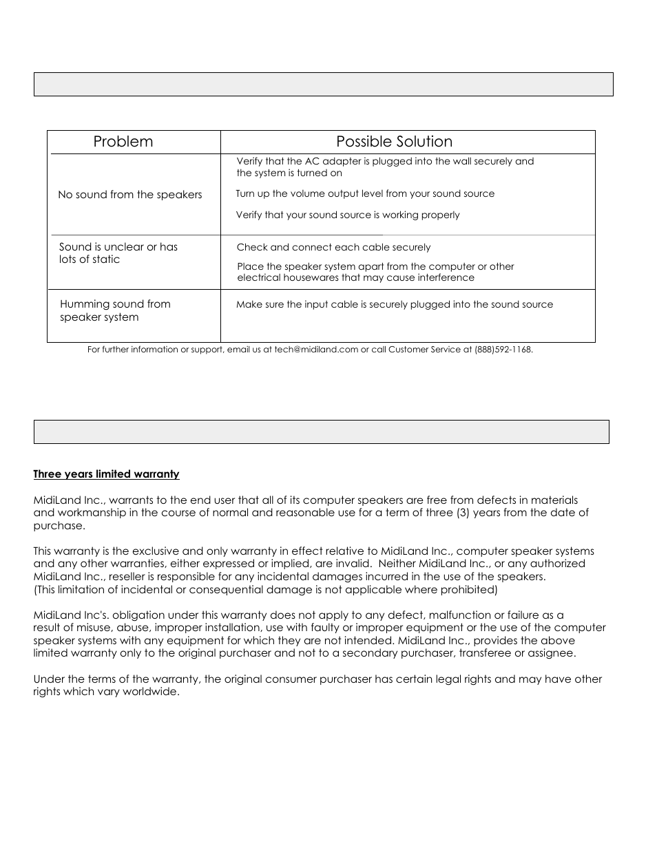 Troubleshooting, Warranty, Problem | Possible solution | MidiLand MLI-431 User Manual | Page 4 / 4