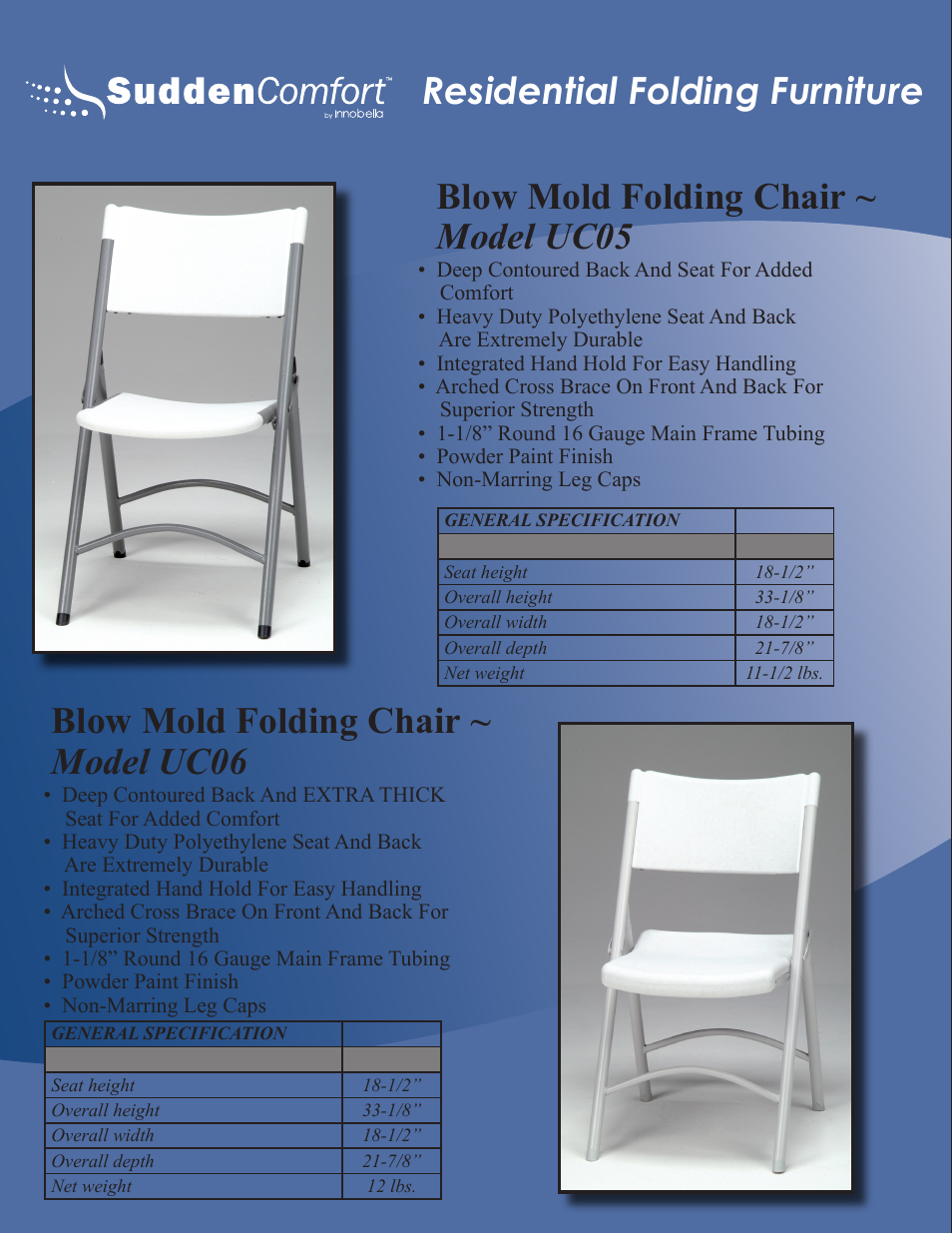 Residential folding furniture, Blow mold folding chair ~ model uc05, Blow mold folding chair ~ model uc06 | Meco Sudden Comfort E48 User Manual | Page 13 / 23