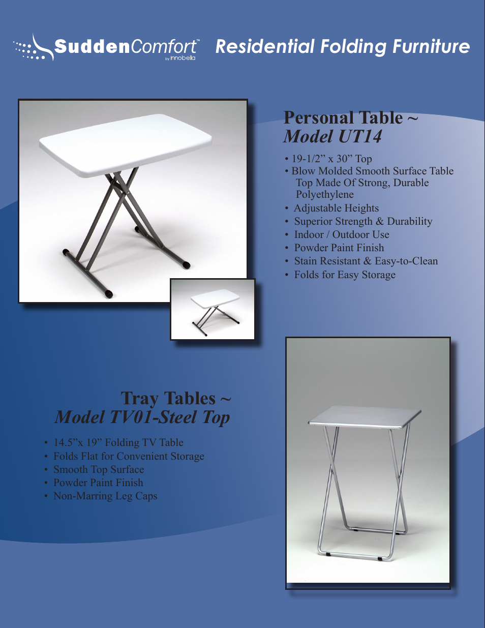 Residential folding furniture, Personal table ~ model ut14, Tray tables ~ model tv01-steel top | Meco Sudden Comfort E48 User Manual | Page 17 / 23