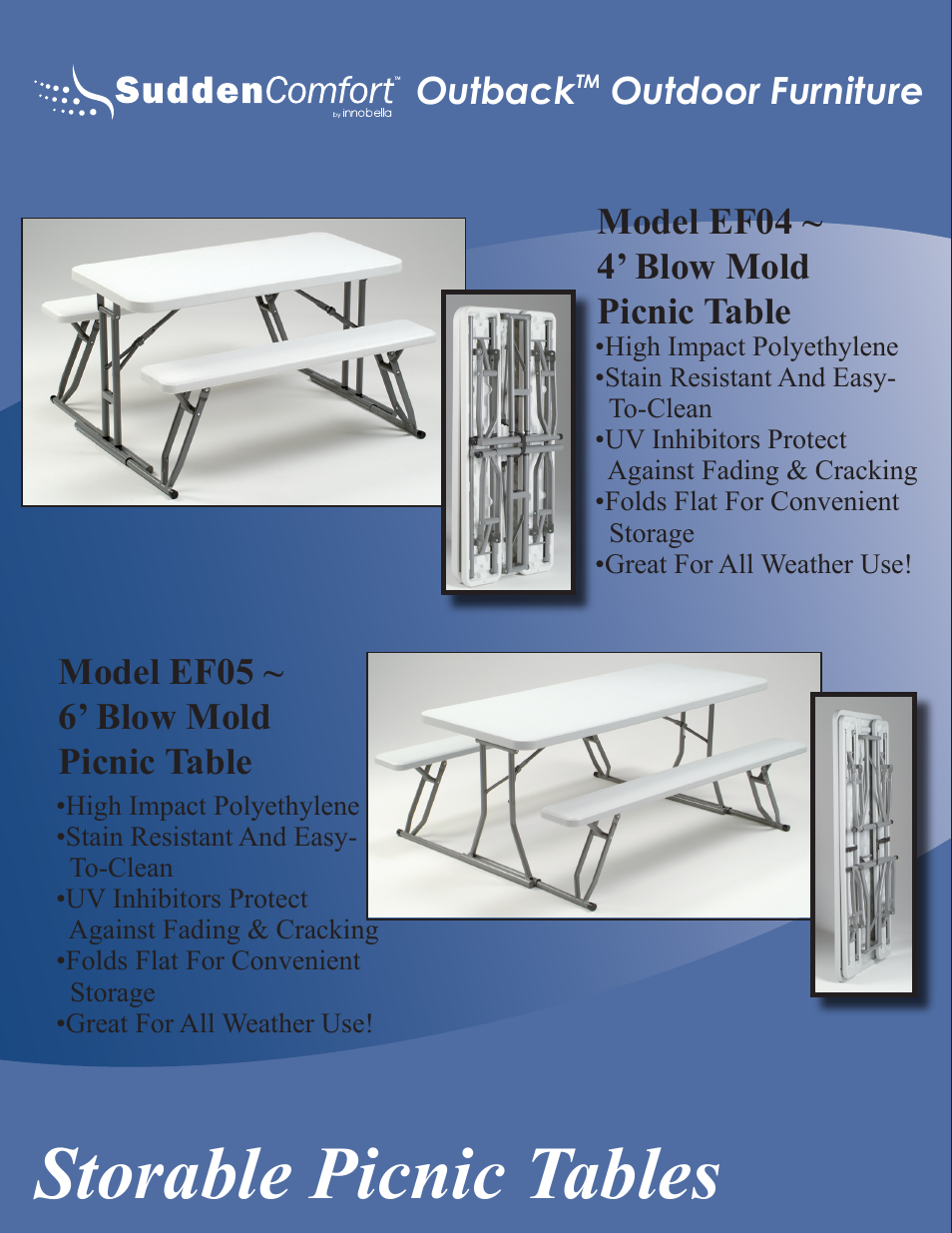 Storable picnic tables, Outback, Outdoor furniture | Model ef04 ~ 4’ blow mold picnic table, Model ef05 ~ 6’ blow mold picnic table | Meco Sudden Comfort E48 User Manual | Page 18 / 23