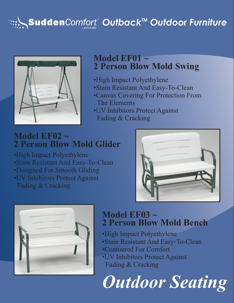 Outdoor seating, Outback, Model ef02 ~ 2 person blow mold glider | Model ef03 ~ 2 person blow mold bench | Meco Sudden Comfort E48 User Manual | Page 19 / 23