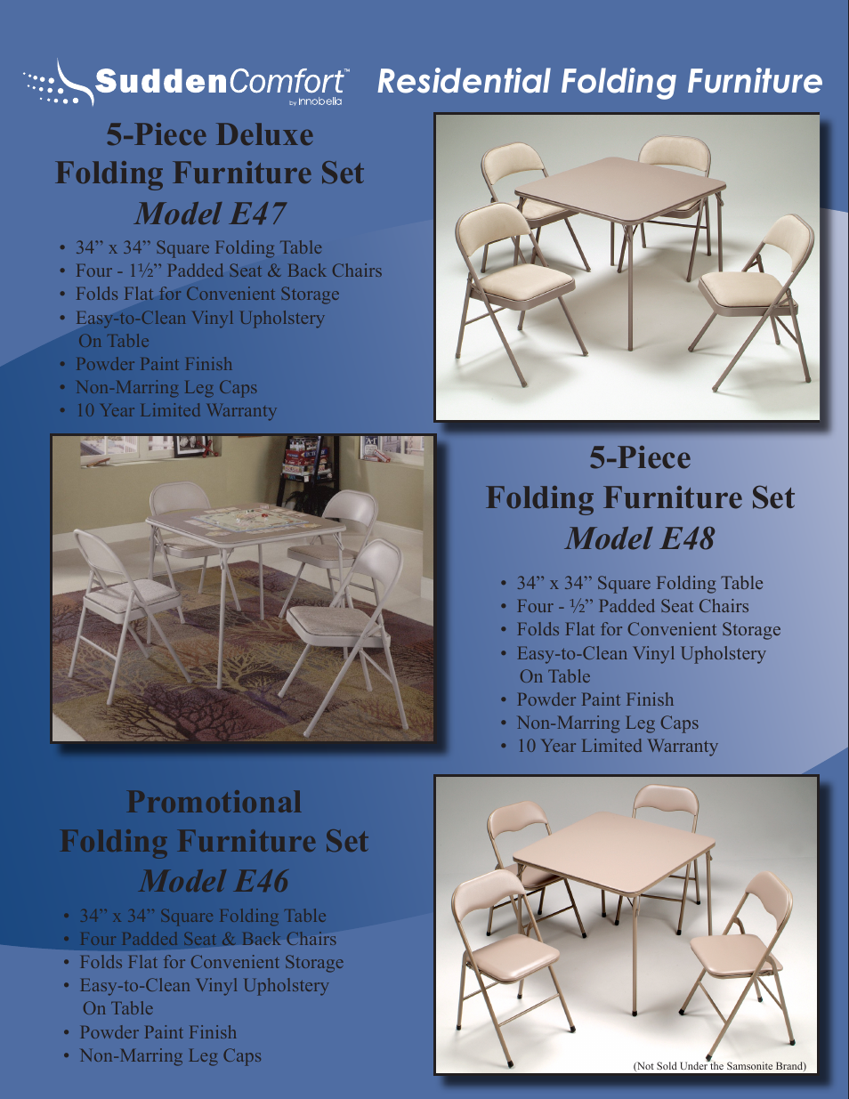 Residential folding furniture, Promotional folding furniture set model e46 | Meco Sudden Comfort E48 User Manual | Page 2 / 23