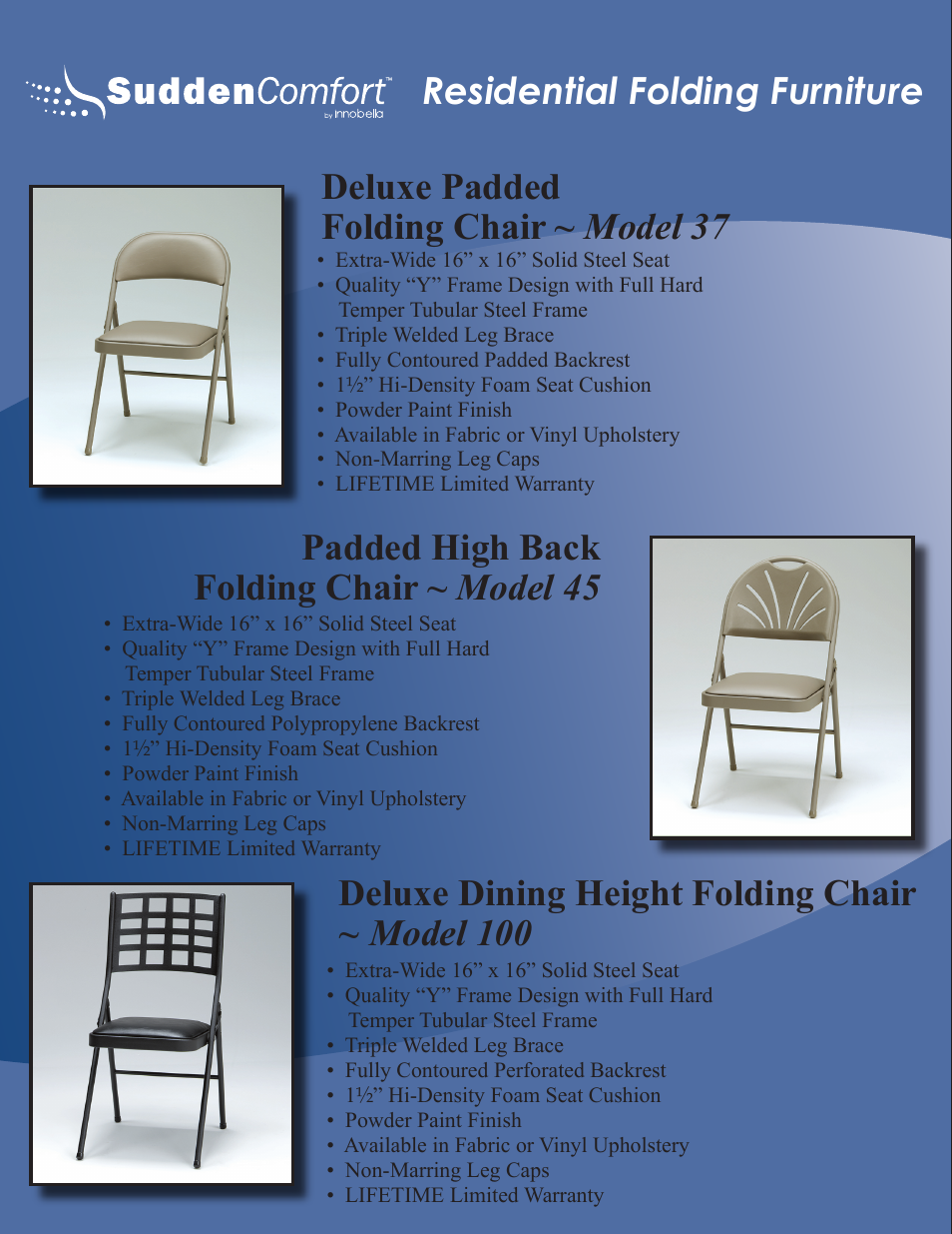 Residential folding furniture, Deluxe padded folding chair, Model 37 deluxe dining height folding chair | Meco Sudden Comfort E48 User Manual | Page 4 / 23