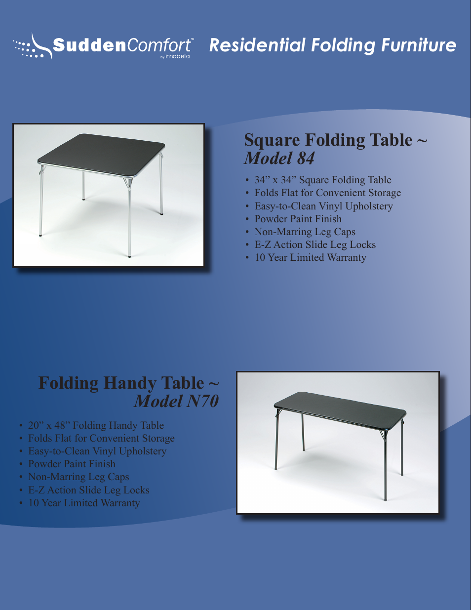 Residential folding furniture, Square folding table ~ model 84, Folding handy table ~ model n70 | Meco Sudden Comfort E48 User Manual | Page 6 / 23