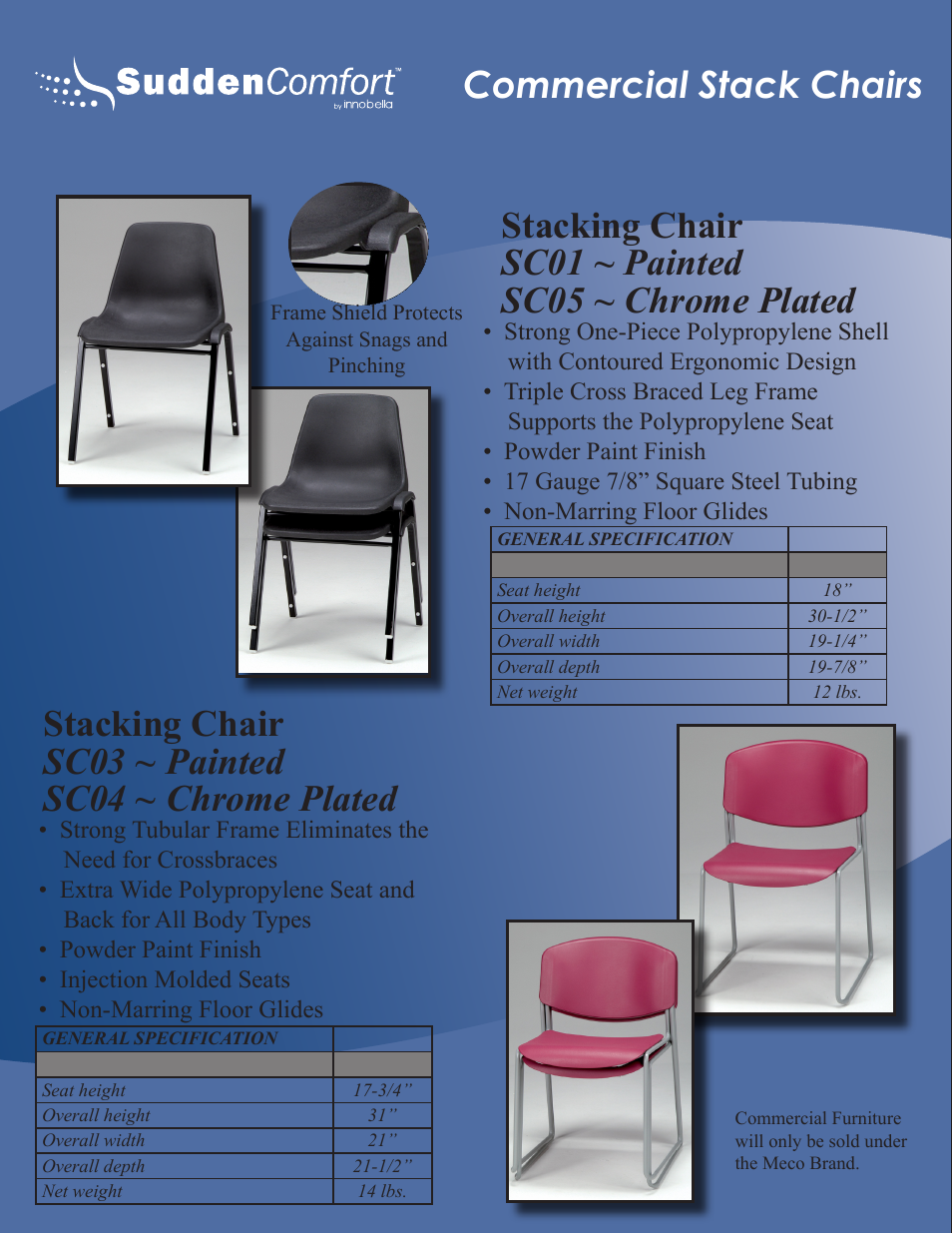 Commercial stack chairs, Stacking chair sc01 ~ painted sc05 ~ chrome plated, Stacking chair sc03 ~ painted sc04 ~ chrome plated | Meco Sudden Comfort E48 User Manual | Page 7 / 23