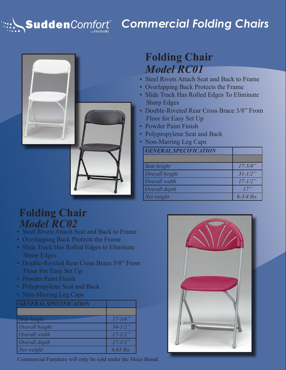 Commercial folding chairs, Folding chair model rc01, Folding chair model rc02 | Meco Sudden Comfort E48 User Manual | Page 9 / 23