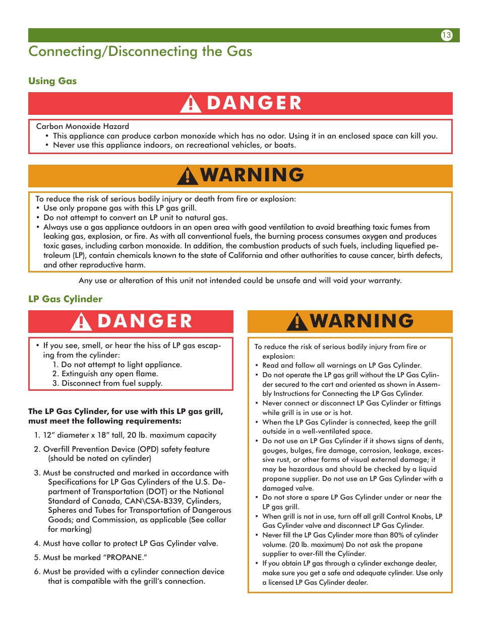 Warning, Connecting/disconnecting the gas | Meco Assie Vantage LP 67c3c8kk81 User Manual | Page 13 / 36