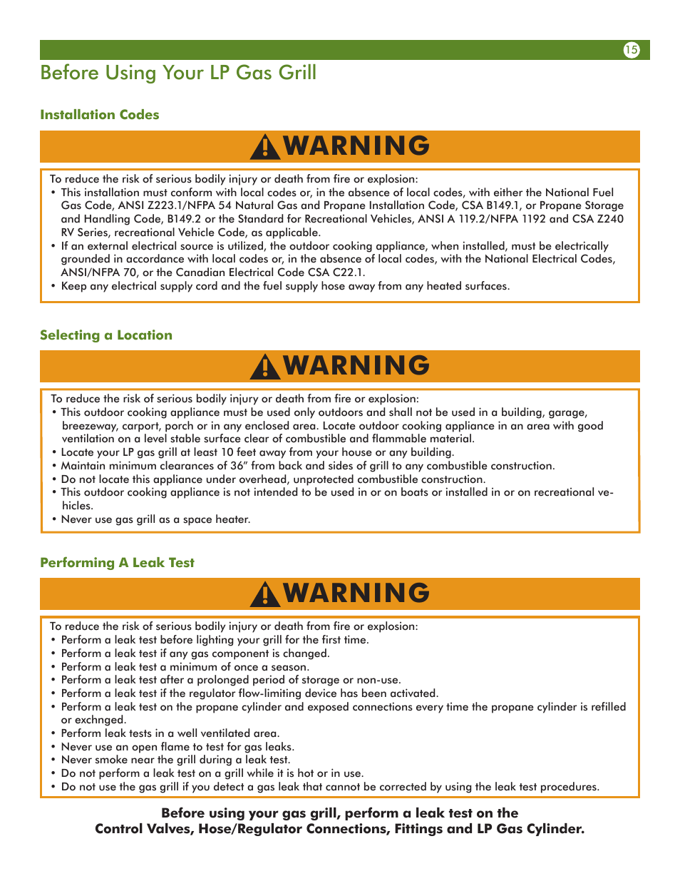 Warning, Before using your lp gas grill | Meco Assie Vantage LP 67c3c8kk81 User Manual | Page 15 / 36