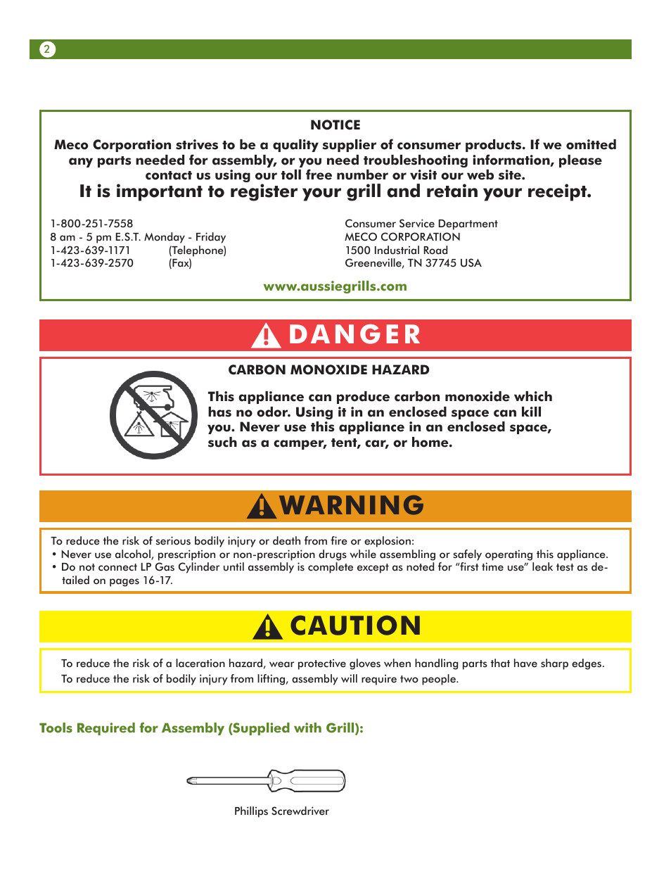 Warning, Caution | Meco Assie Vantage LP 67c3c8kk81 User Manual | Page 2 / 36