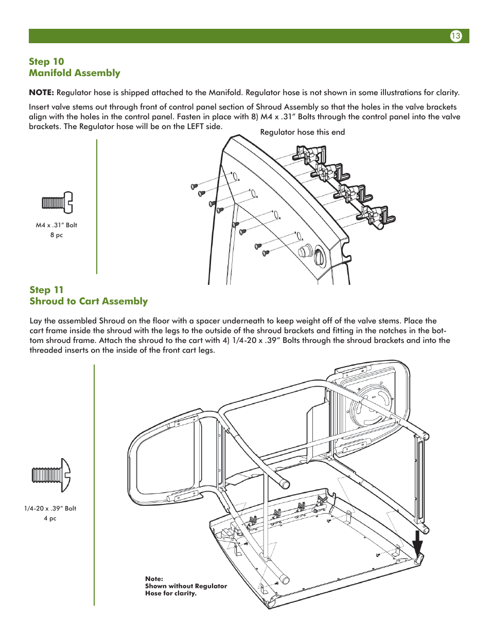 Step 11 shroud to cart assembly, Step 10 manifold assembly | Meco 6623S8E641 User Manual | Page 13 / 40