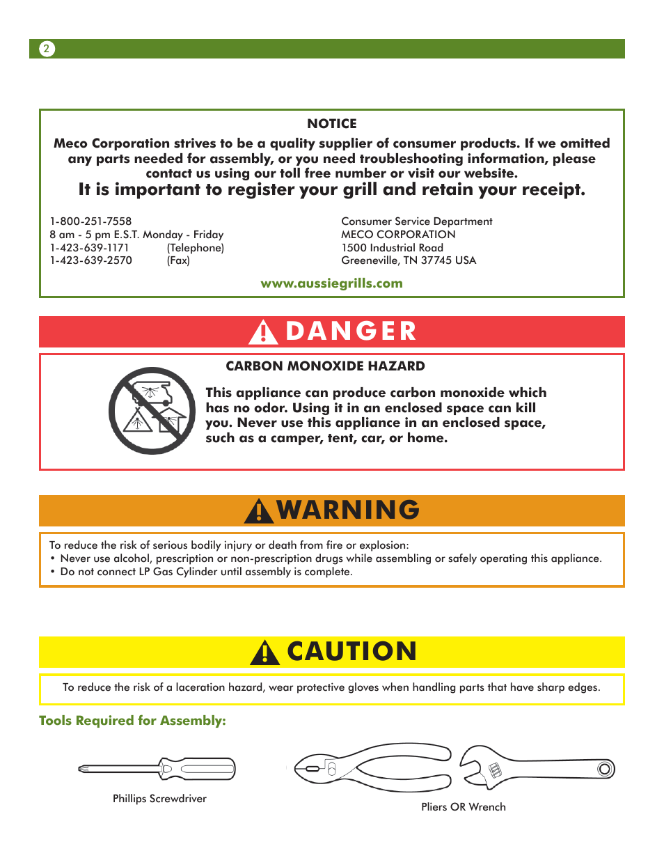 Warning, Caution | Meco 6623S8E641 User Manual | Page 2 / 40