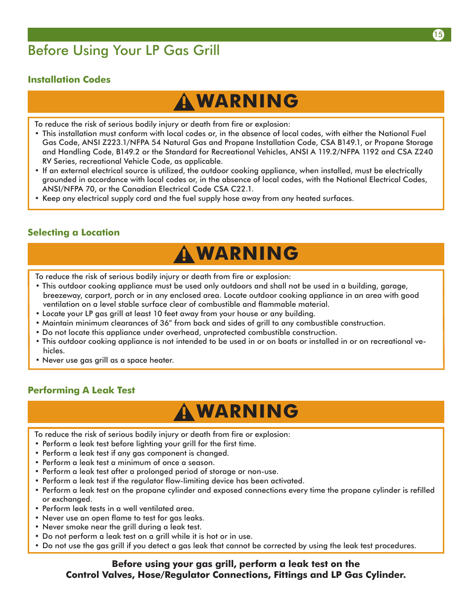 Warning, Before using your lp gas grill | Meco 67A4T09K21 User Manual | Page 15 / 36