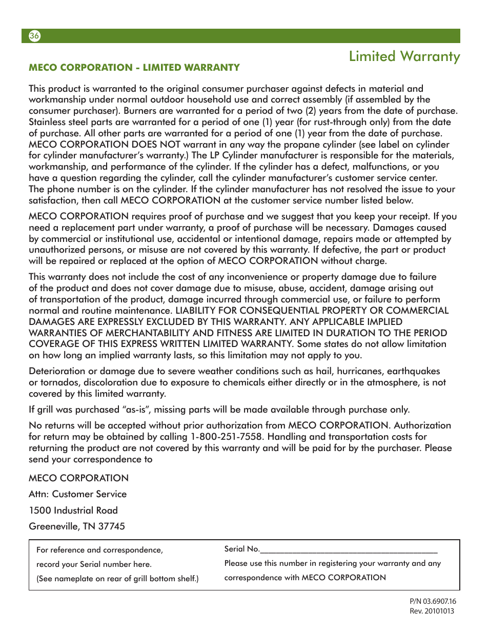 Limited warranty | Meco 67A4T09K21 User Manual | Page 36 / 36