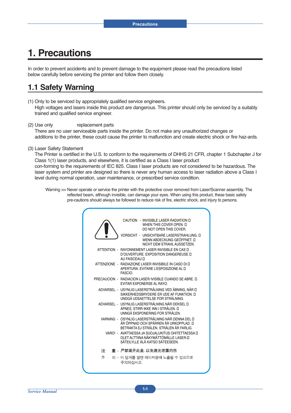 Precautions, 1 safety warning | Muratec DIGITAL LASER F-114 User Manual | Page 7 / 162
