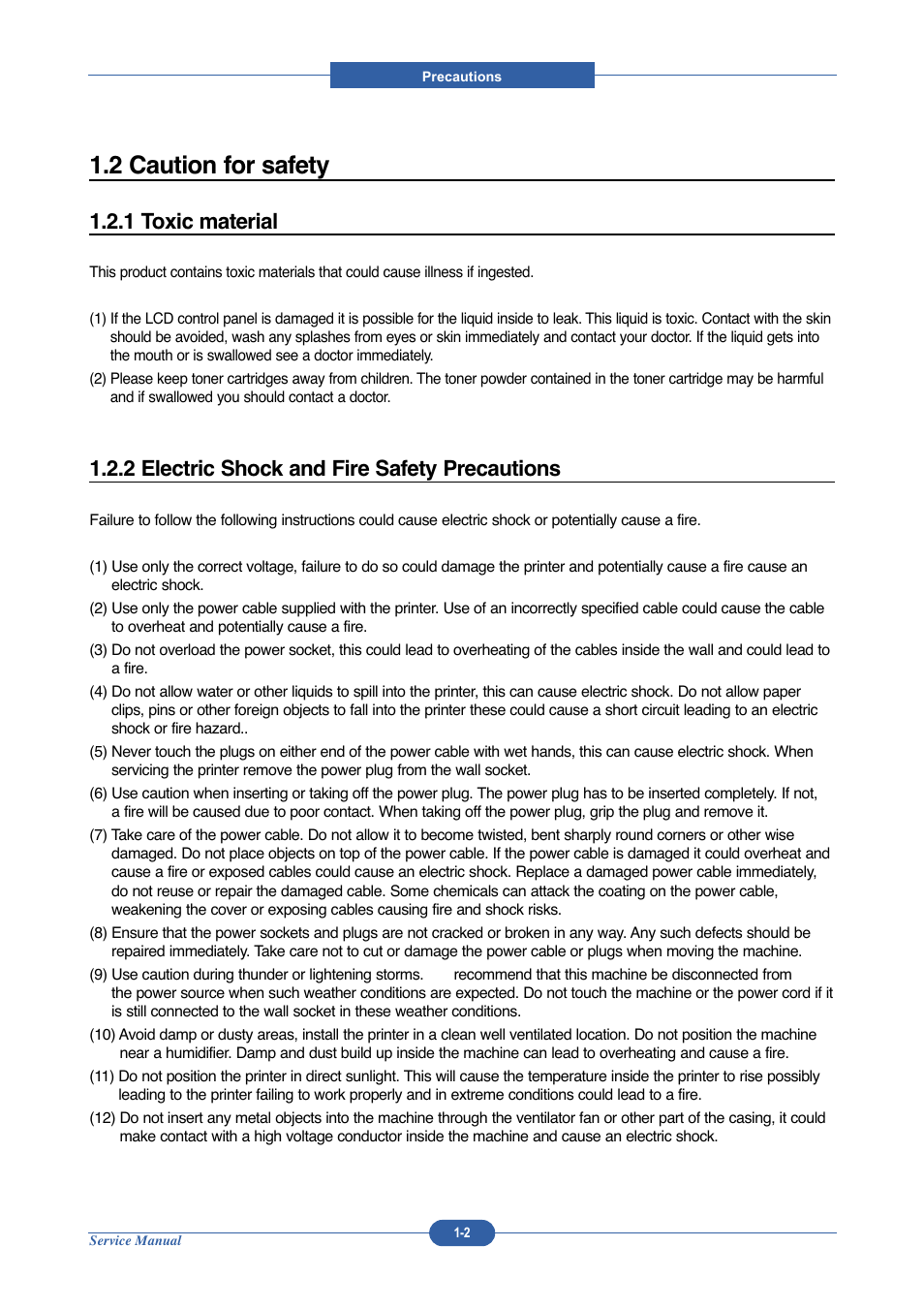2 caution for safety, 1 toxic material, 2 electric shock and fire safety precautions | Muratec DIGITAL LASER F-114 User Manual | Page 8 / 162