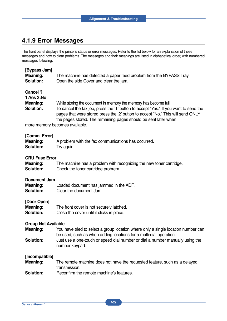 9 error messages | Muratec DIGITAL LASER F-114 User Manual | Page 82 / 162
