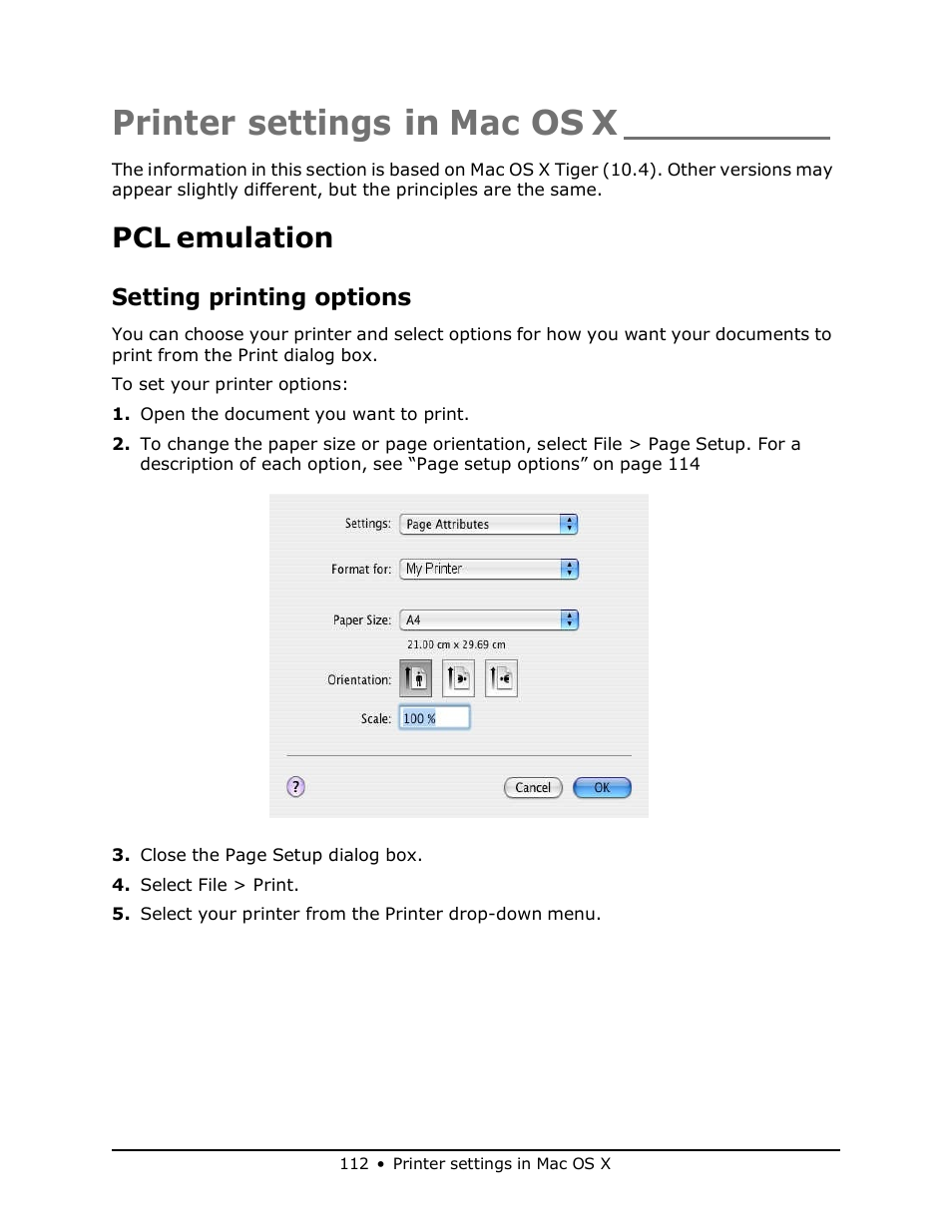 Printer settings in mac os x, Pcl emulation, Setting printing options | Muratec MFX-3070 User Manual | Page 112 / 179