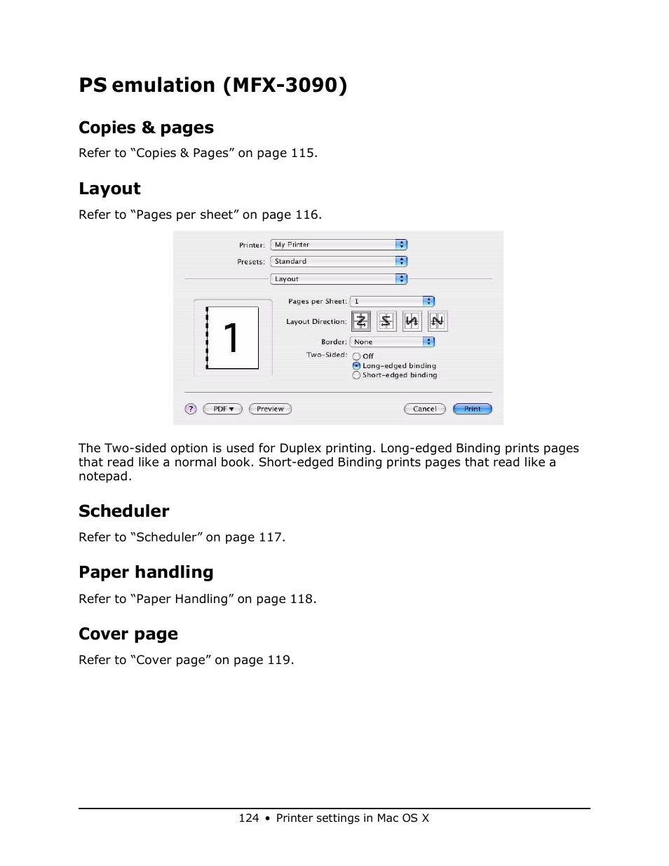 Ps emulation (mfx-3090), Copies & pages, Layout | Scheduler, Paper handling, Cover page | Muratec MFX-3070 User Manual | Page 124 / 179