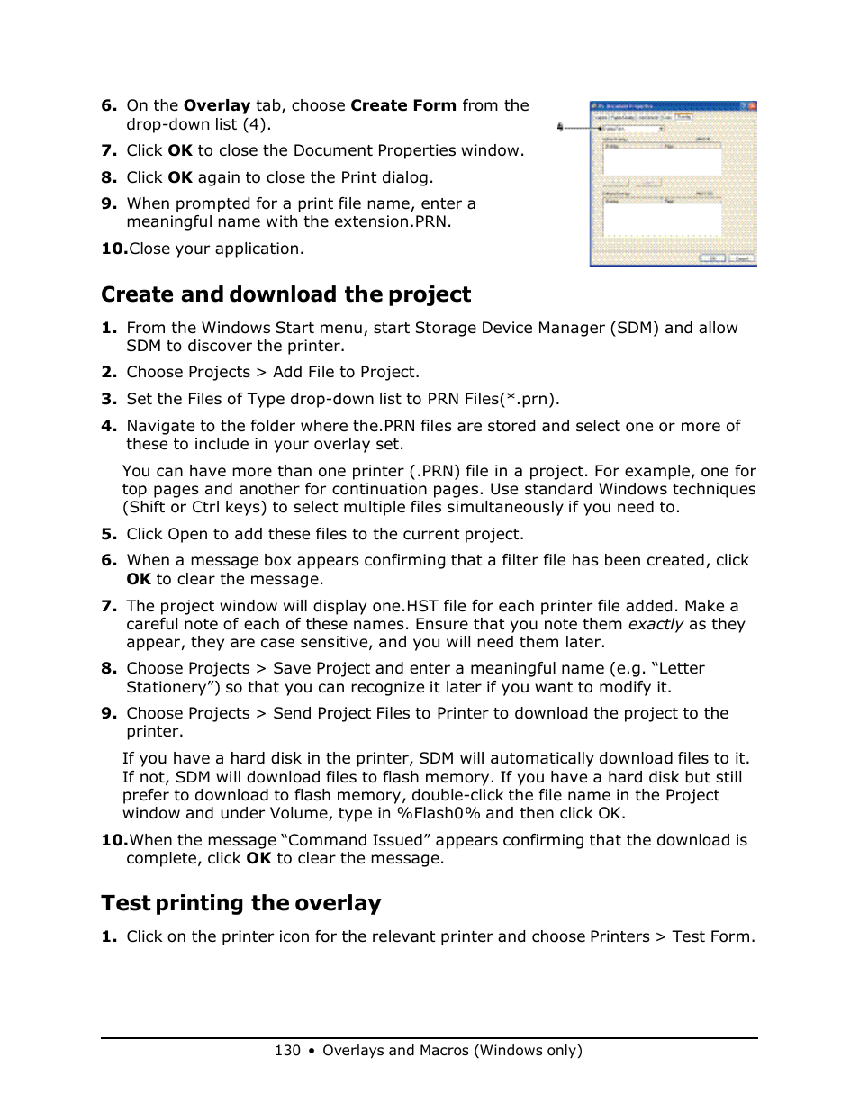 Create and download the project, Test printing the overlay | Muratec MFX-3070 User Manual | Page 130 / 179