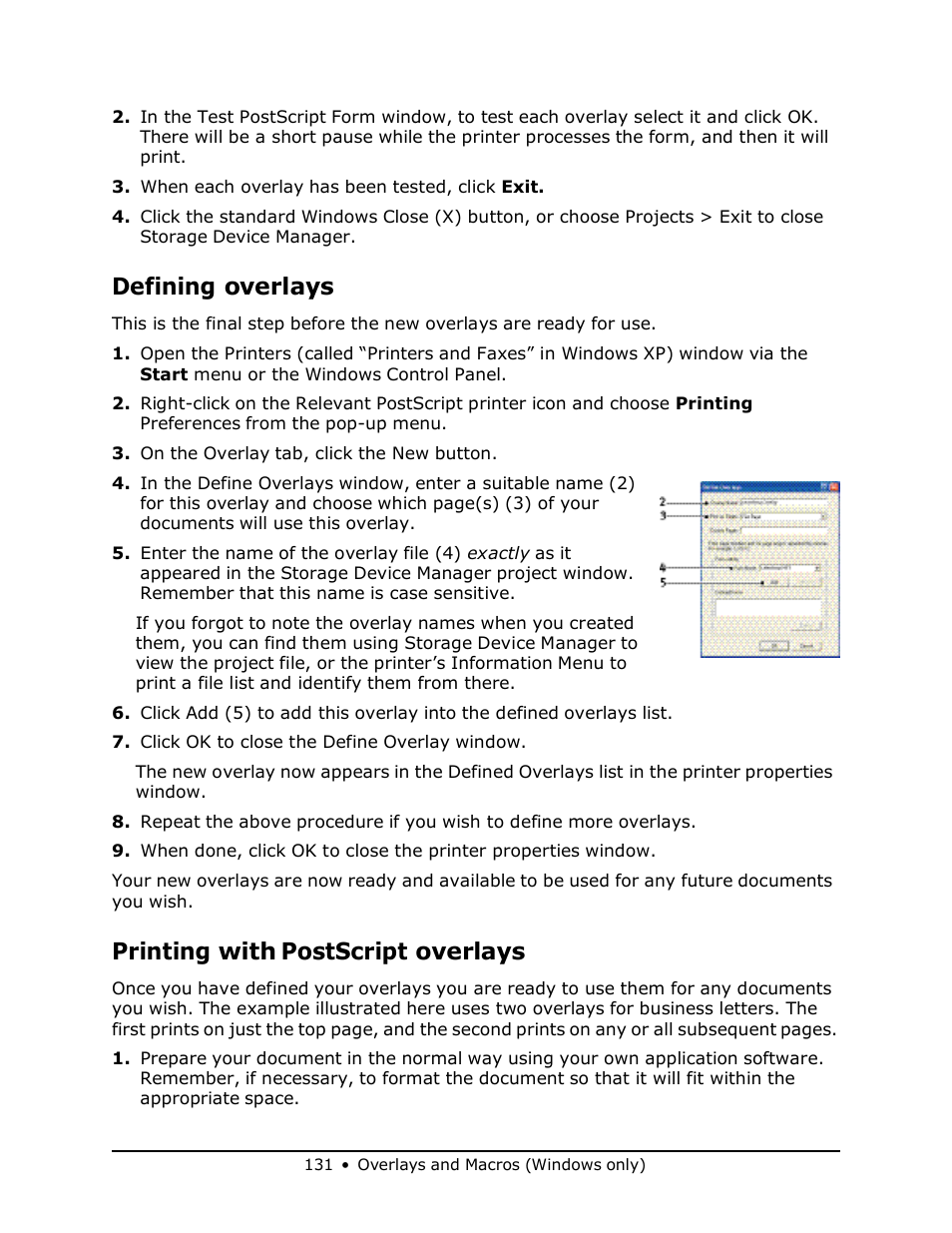 Defining overlays, Printing with postscript overlays | Muratec MFX-3070 User Manual | Page 131 / 179