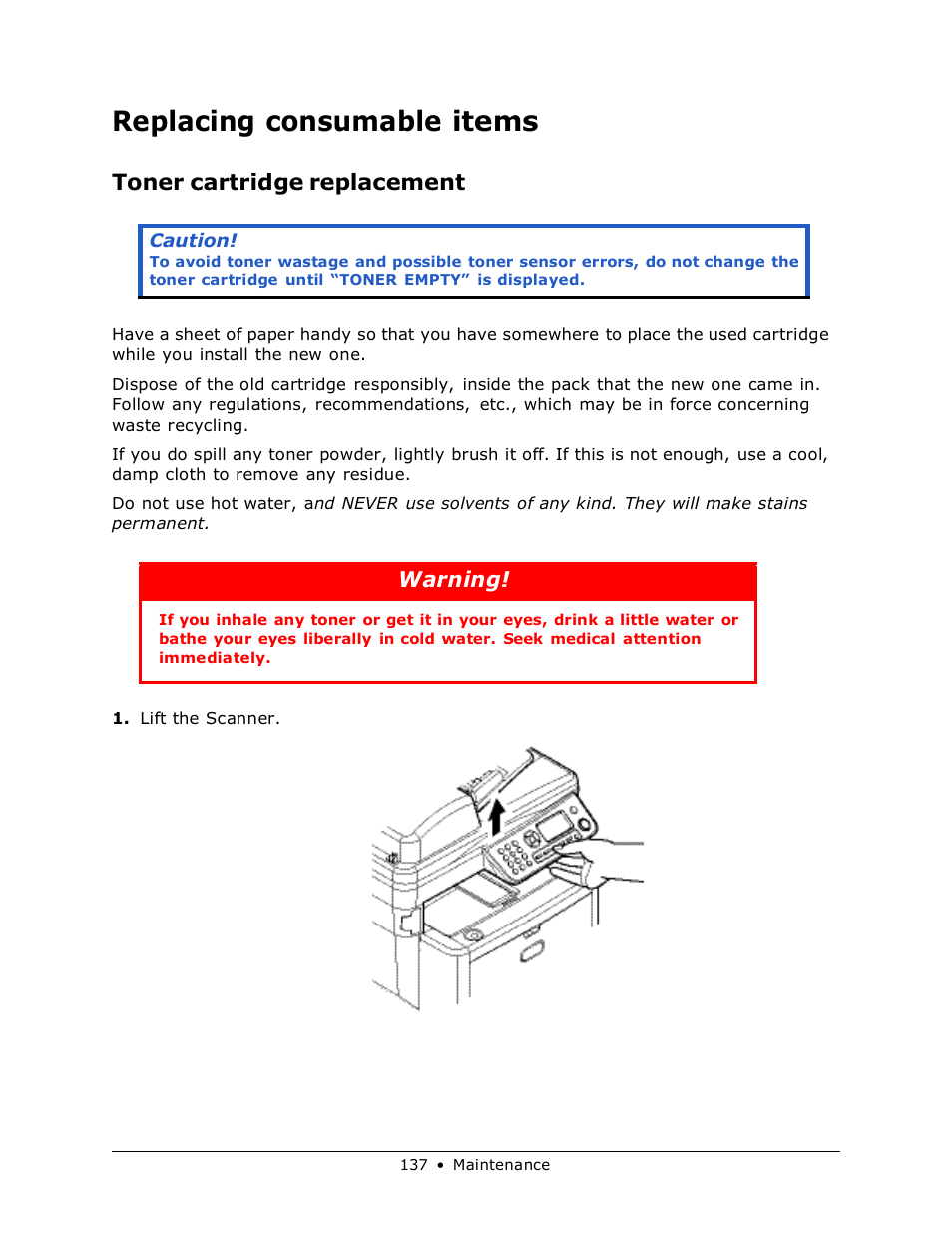 Replacing consumable items, Toner cartridge replacement, Warning | Muratec MFX-3070 User Manual | Page 137 / 179