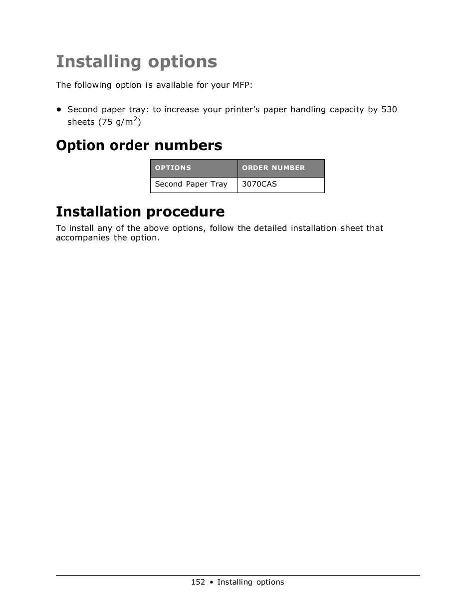 Installing options, Option order numbers, Installation procedure | Muratec MFX-3070 User Manual | Page 152 / 179