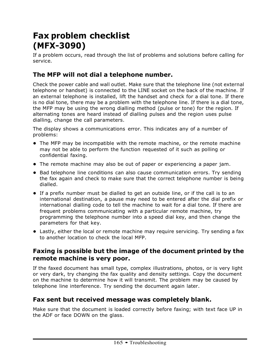 Fax problem checklist (mfx-3090), The mfp will not dial a telephone number, Fax sent but received message was completely blank | Muratec MFX-3070 User Manual | Page 165 / 179