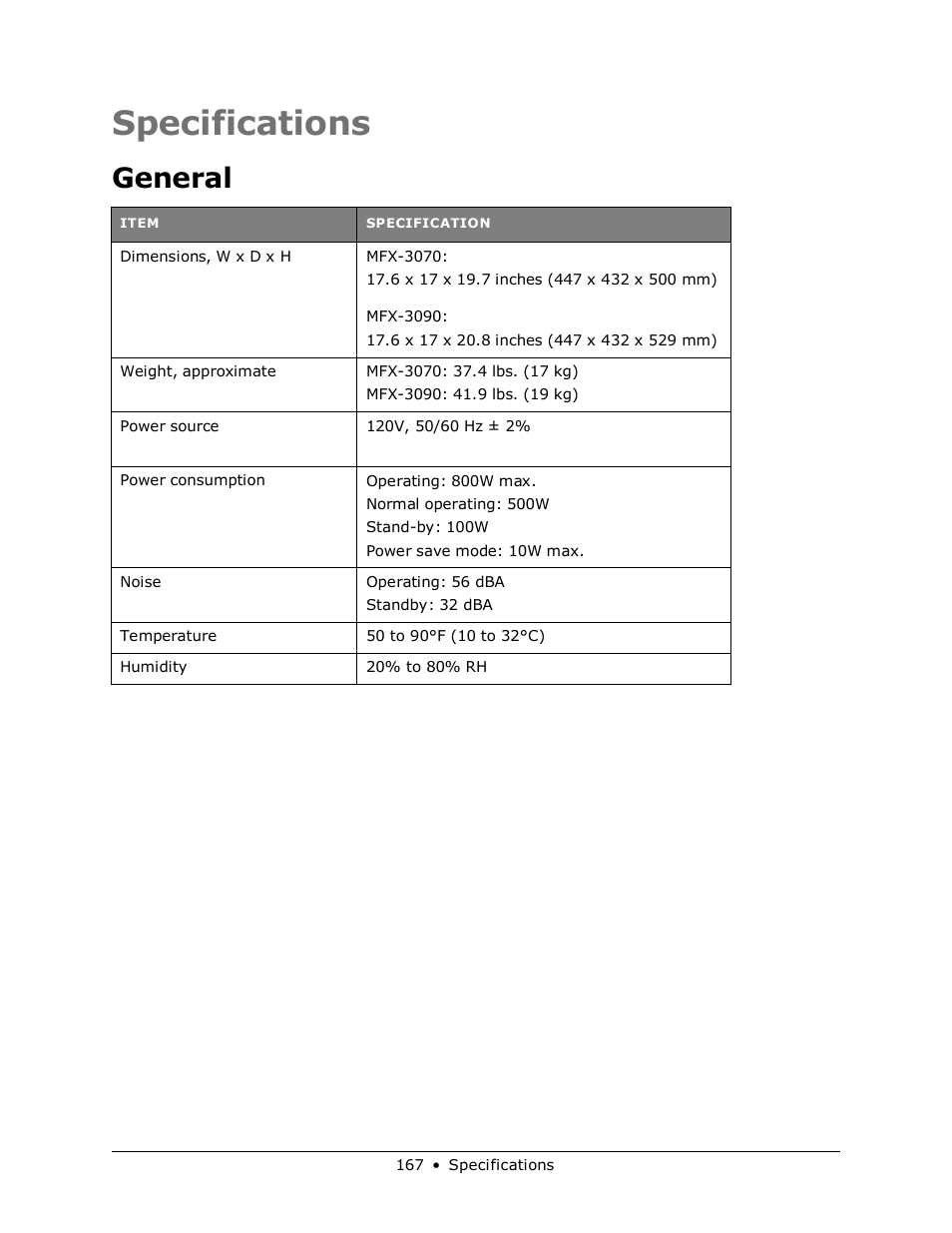 Specifications, General | Muratec MFX-3070 User Manual | Page 167 / 179