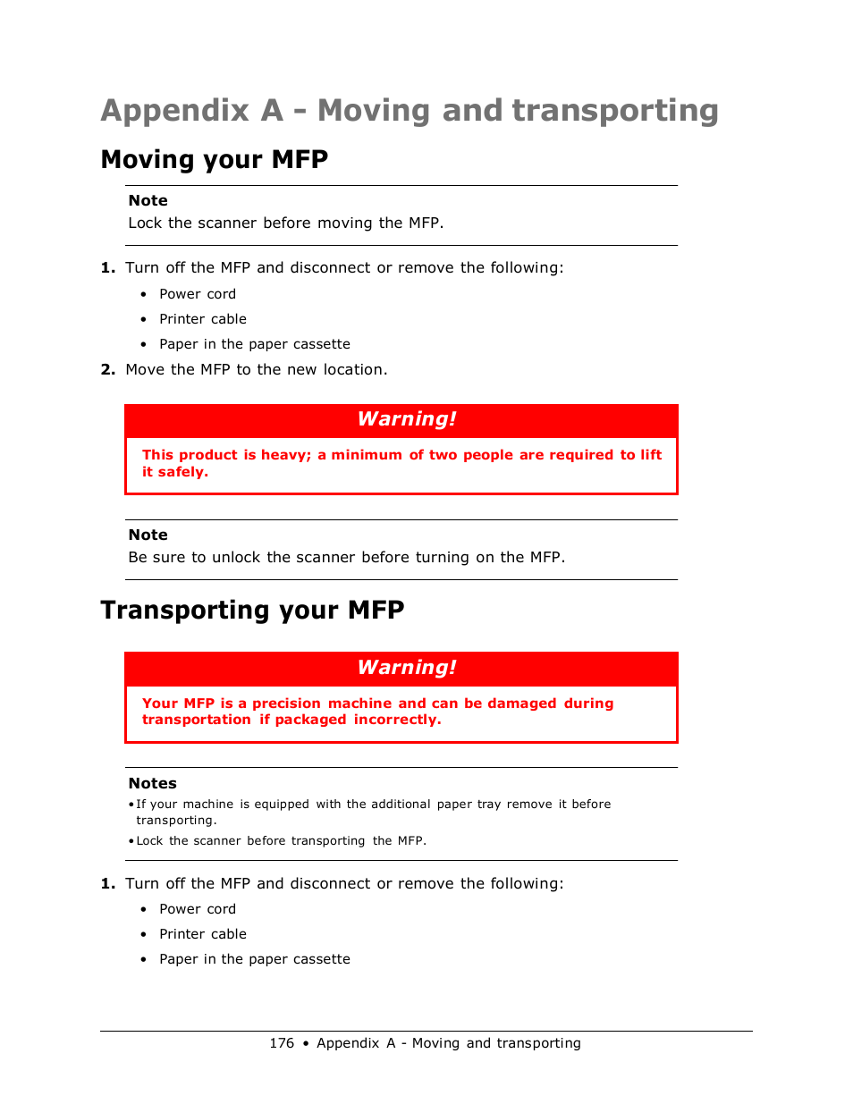 Appendix a - moving and transporting, Moving your mfp, Transporting your mfp | Warning | Muratec MFX-3070 User Manual | Page 176 / 179