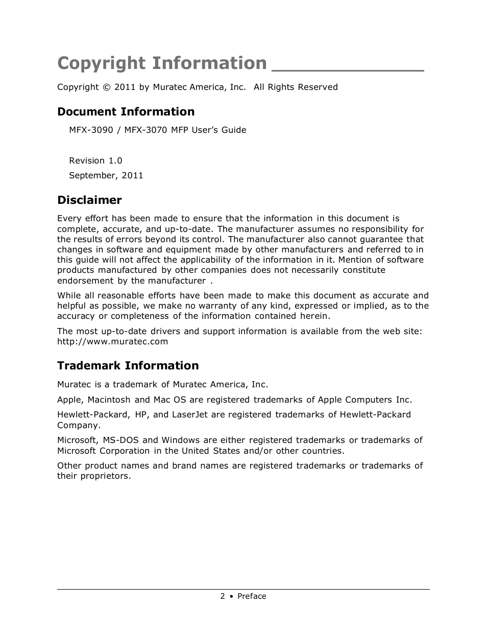Copyright information, Document information, Disclaimer | Trademark information | Muratec MFX-3070 User Manual | Page 2 / 179