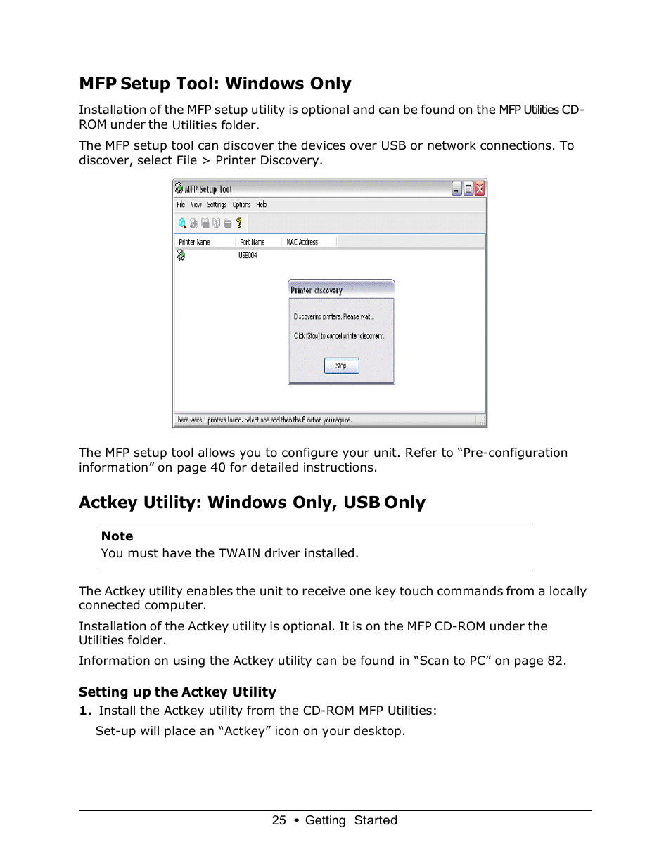 Mfp setup tool: windows only, Actkey utility: windows only, usb only | Muratec MFX-3070 User Manual | Page 25 / 179