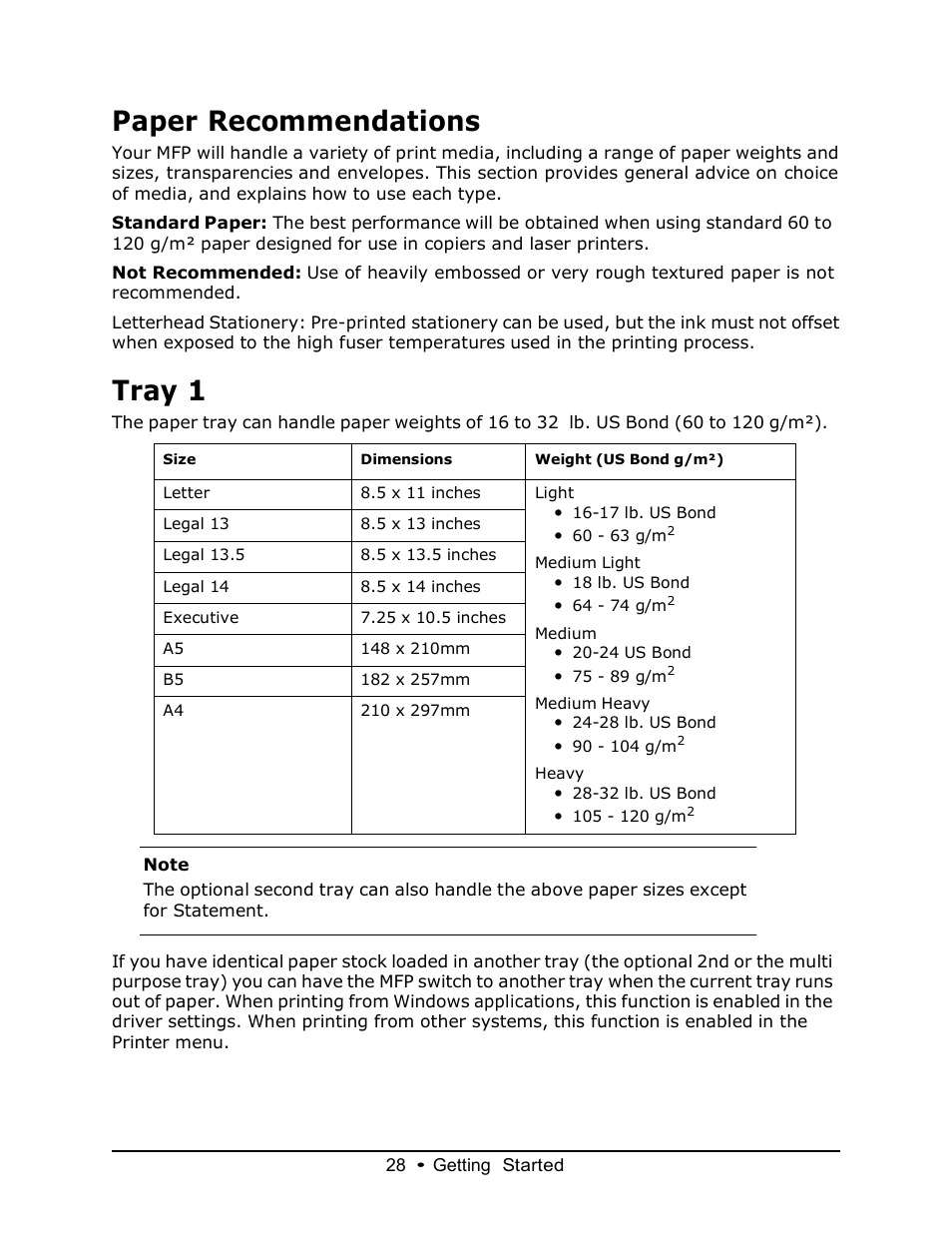 Paper recommendations, Tray 1 | Muratec MFX-3070 User Manual | Page 28 / 179