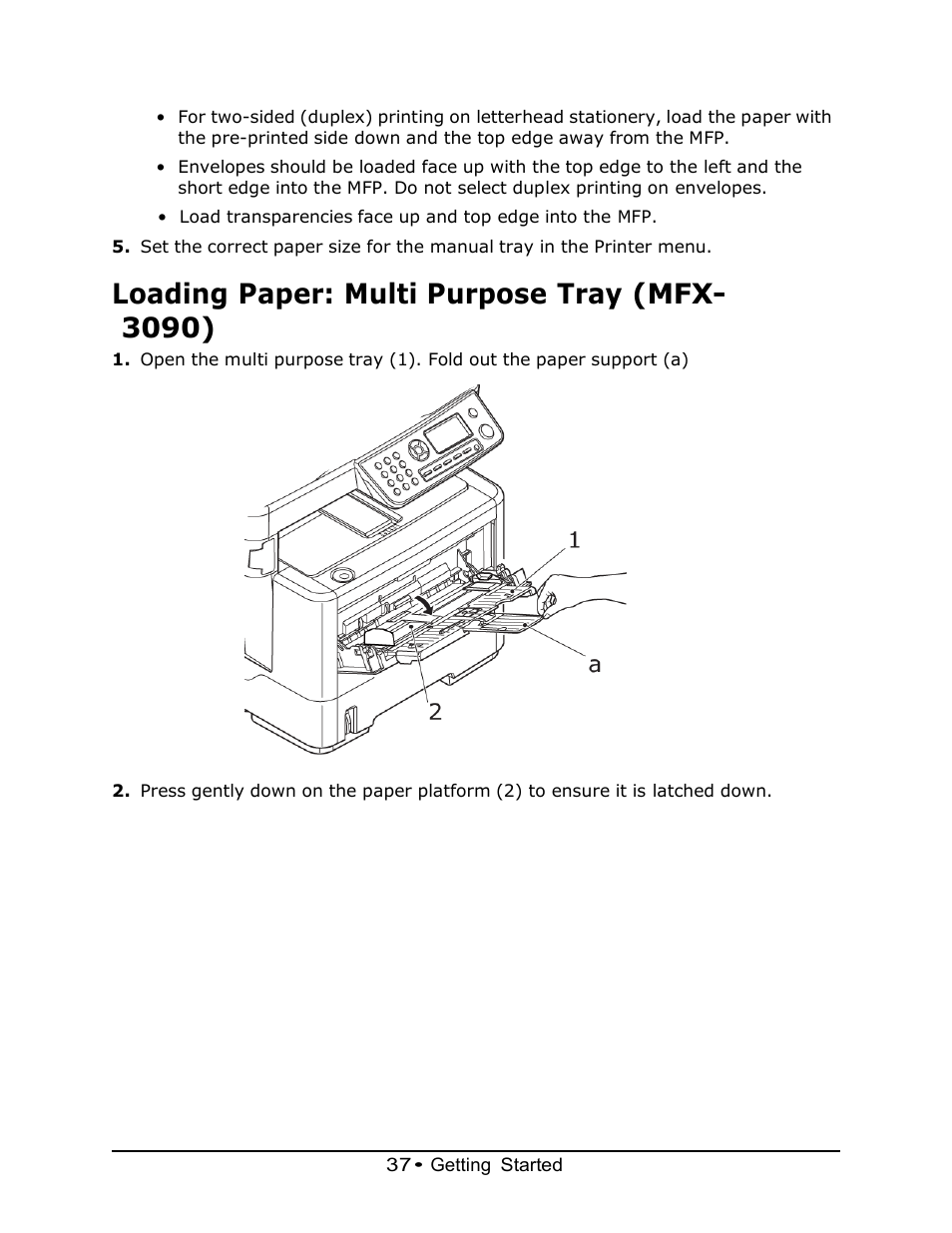 Loading paper: multi purpose tray (mfx- 3090) | Muratec MFX-3070 User Manual | Page 37 / 179