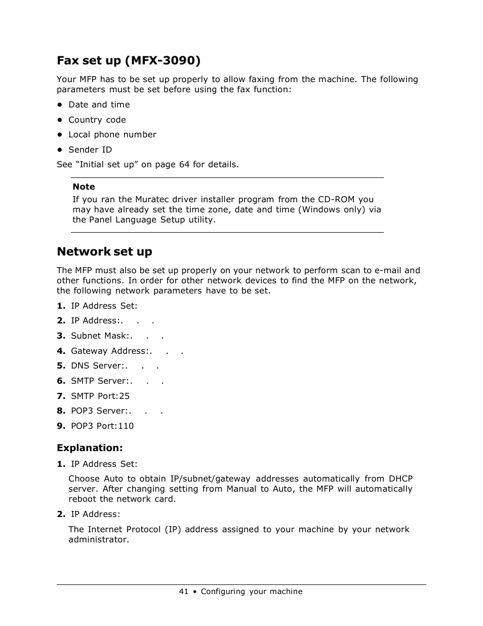 Fax set up (mfx-3090), Network set up, Explanation | Muratec MFX-3070 User Manual | Page 41 / 179