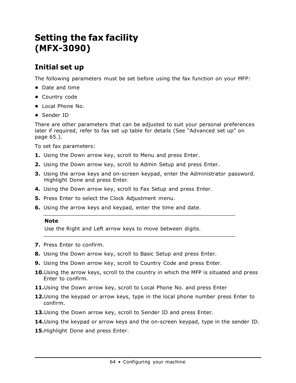 Setting the fax facility (mfx-3090), Initial set up | Muratec MFX-3070 User Manual | Page 64 / 179