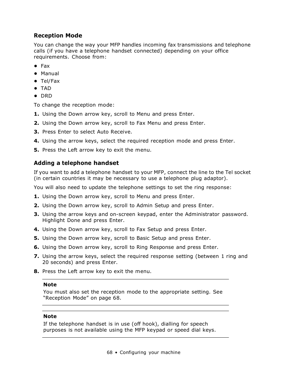 Reception mode, Adding a telephone handset | Muratec MFX-3070 User Manual | Page 68 / 179